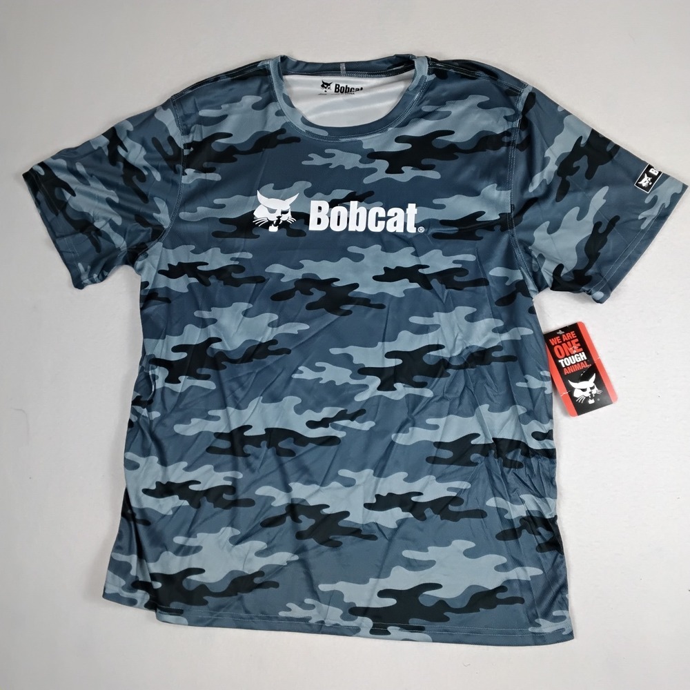 Bobcat Mens XL Blue Camo Performance T Shirt One Tough Animal Logo Tee